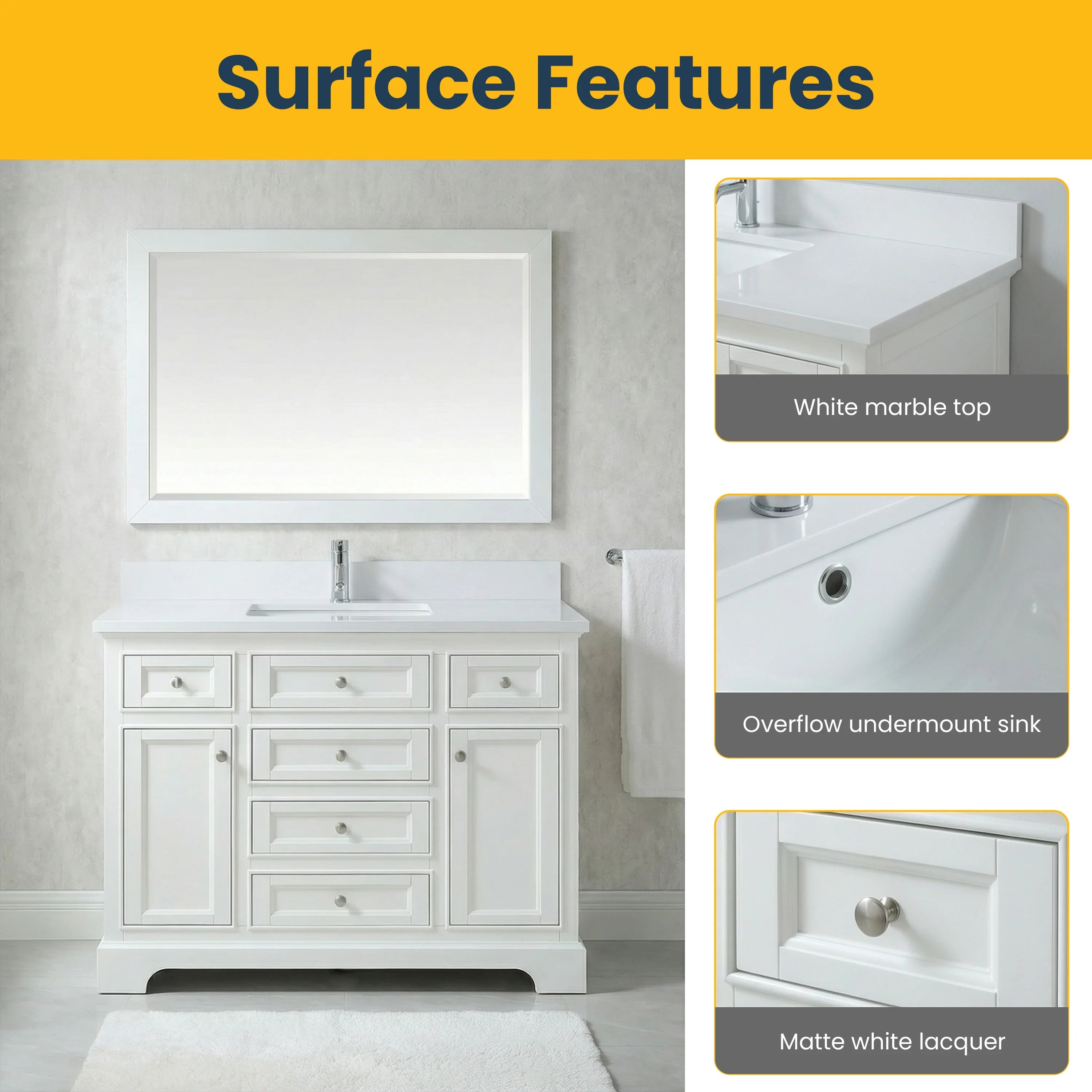 48" White Freestanding Bathroom Vanity with Engineered White Marble Countertop