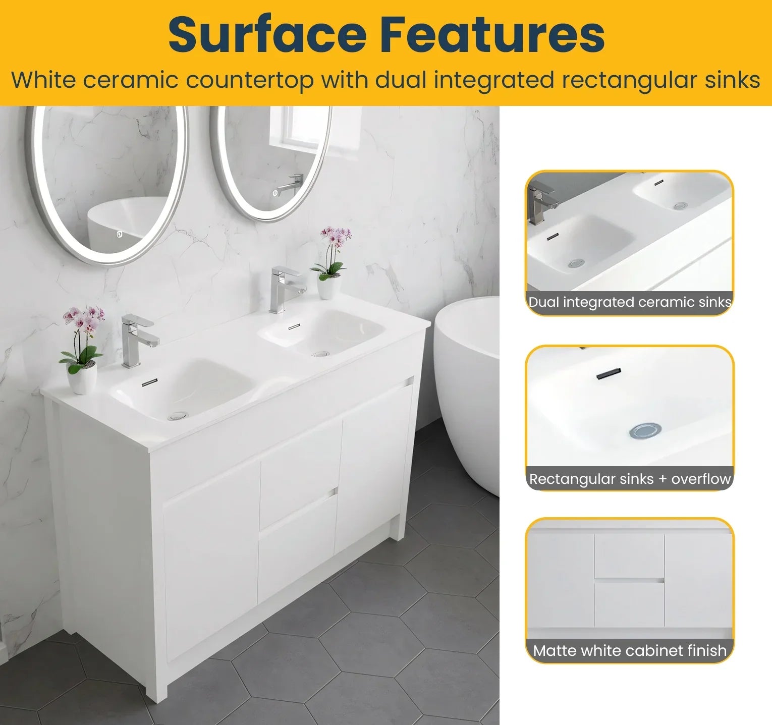 Meuble-Lavabo Autoportant 48po Blanc Mat avec Comptoir de Céramique Blanc