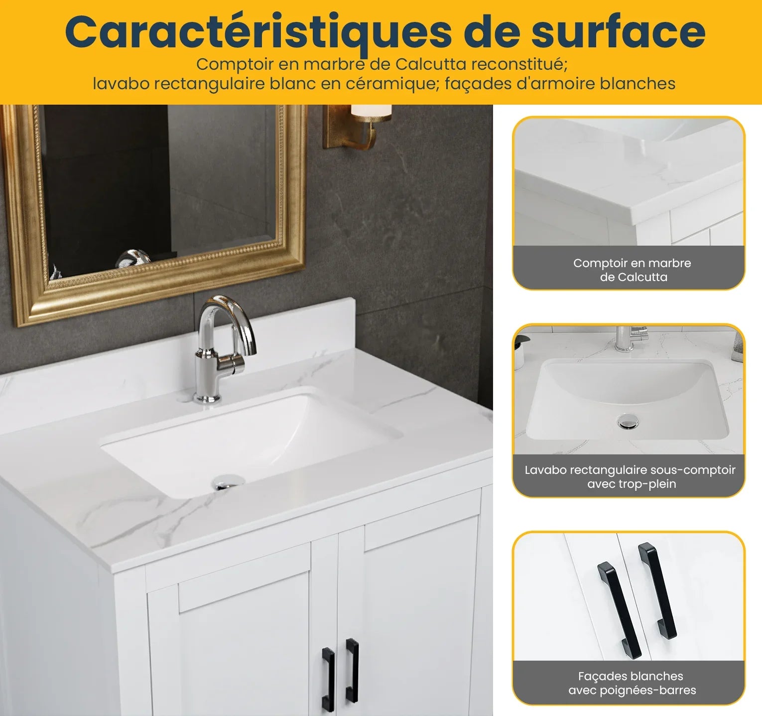 30" White Freestanding Single Sink Bathroom Vanity with Engineered Calcutta Marble Countertop