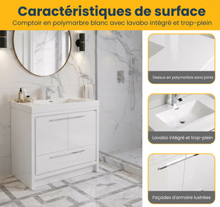 Meuble-Lavabo Autoportant 36po Blanc Brillant avec Comptoir de Polymarbre Blanc 