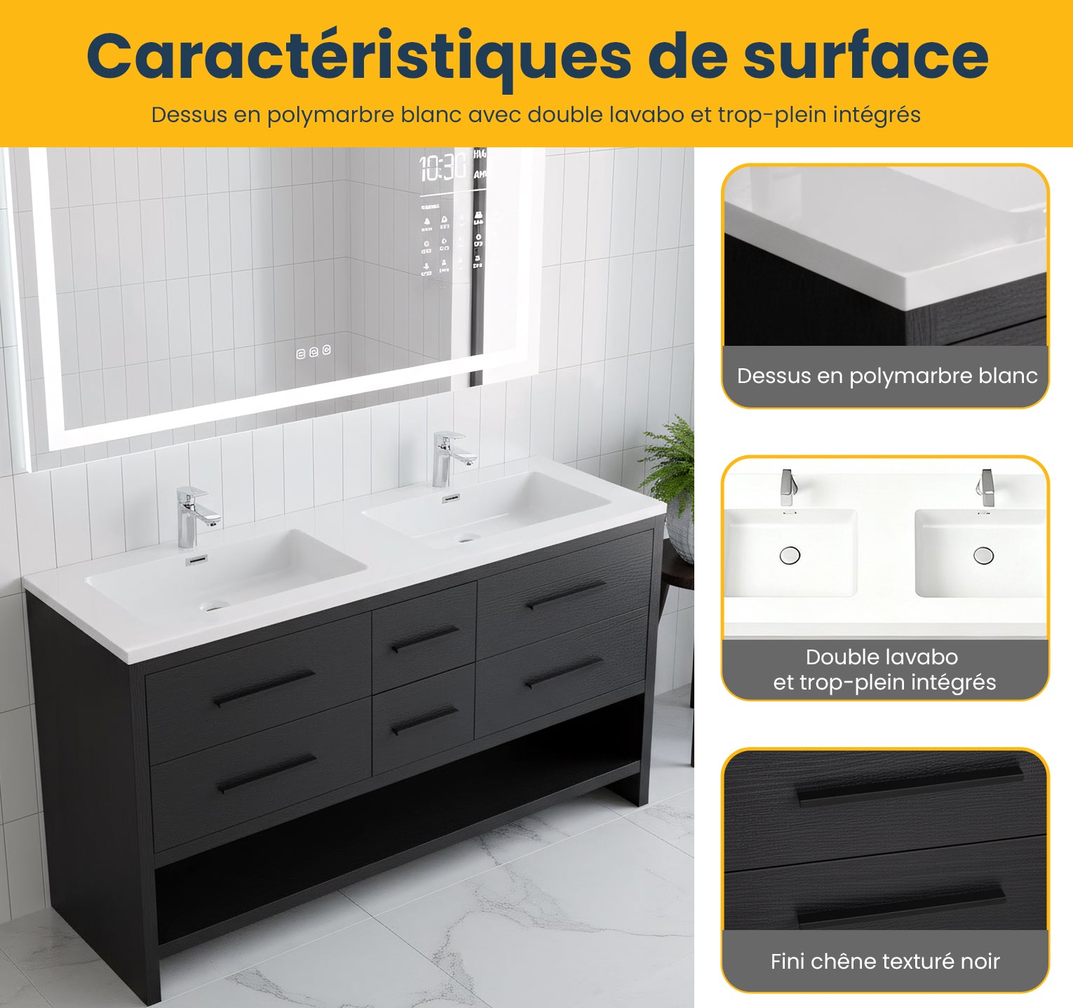 72" Black Rough Oak Freestanding Double Sink Bathroom Vanity with White Polymarble Countertop