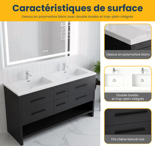 72" Black Rough Oak Freestanding Double Sink Bathroom Vanity with White Polymarble Countertop