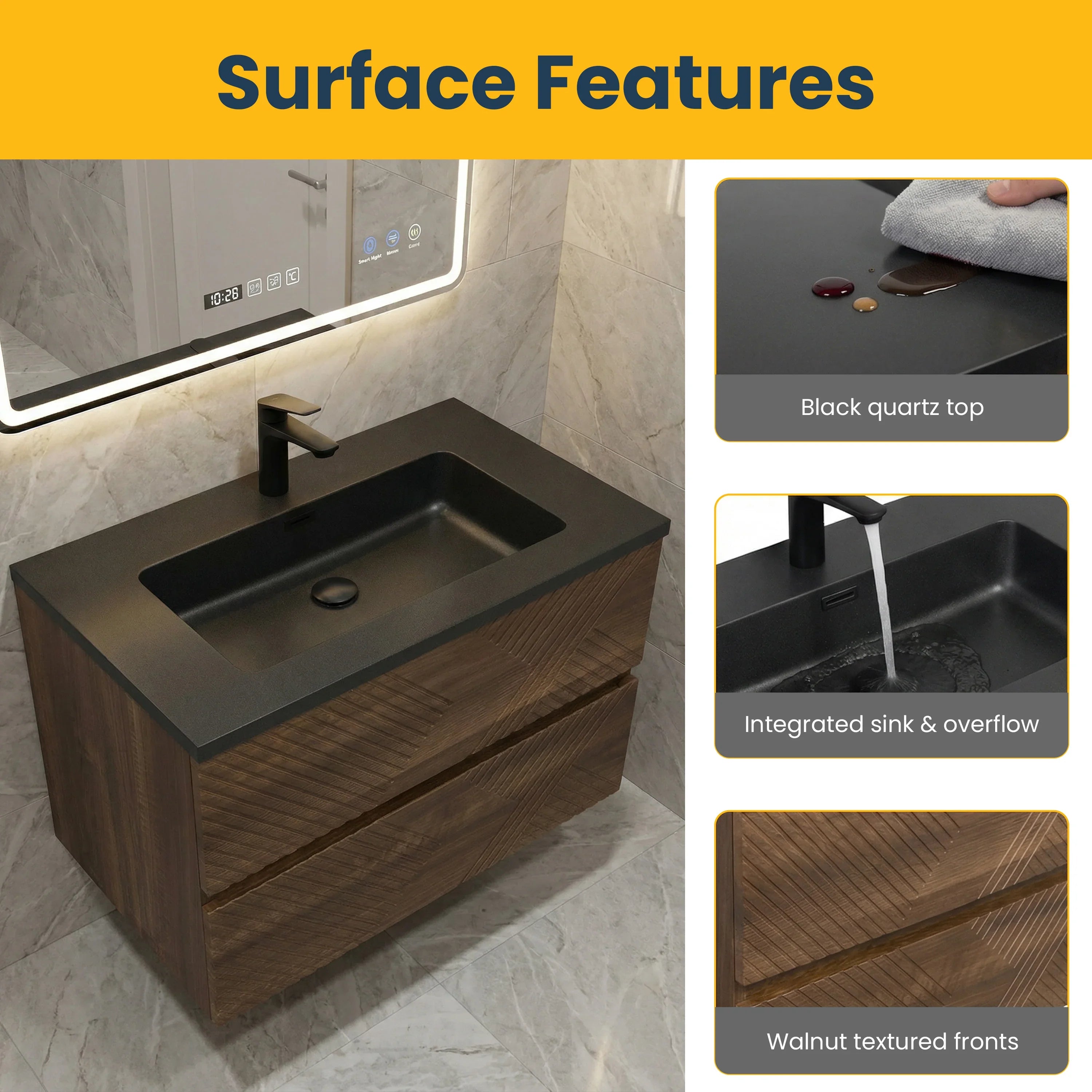 30" Walnut Wall Mount Single Sink Bathroom Vanity with Black Engineered Quartz Countertop