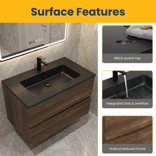 Meuble-Lavabo Mural 30po Noyer avec Comptoir de Quartz d'ingénierie Noir