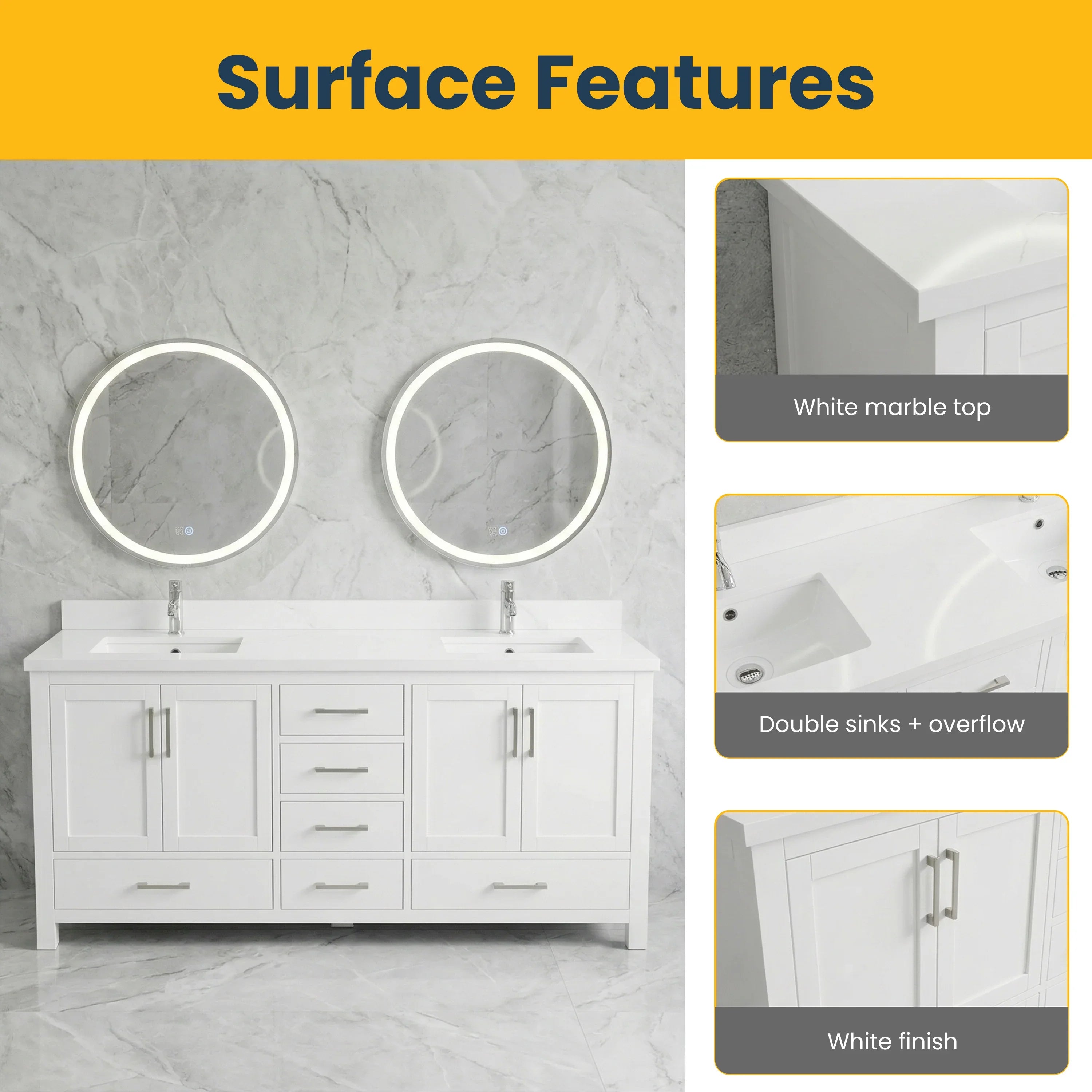 Meuble-lavabo double sur pied blanc de 72 po avec comptoir en marbre blanc reconstitué