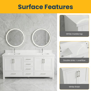 Meuble-lavabo double sur pied blanc de 72 po avec comptoir en marbre blanc reconstitué