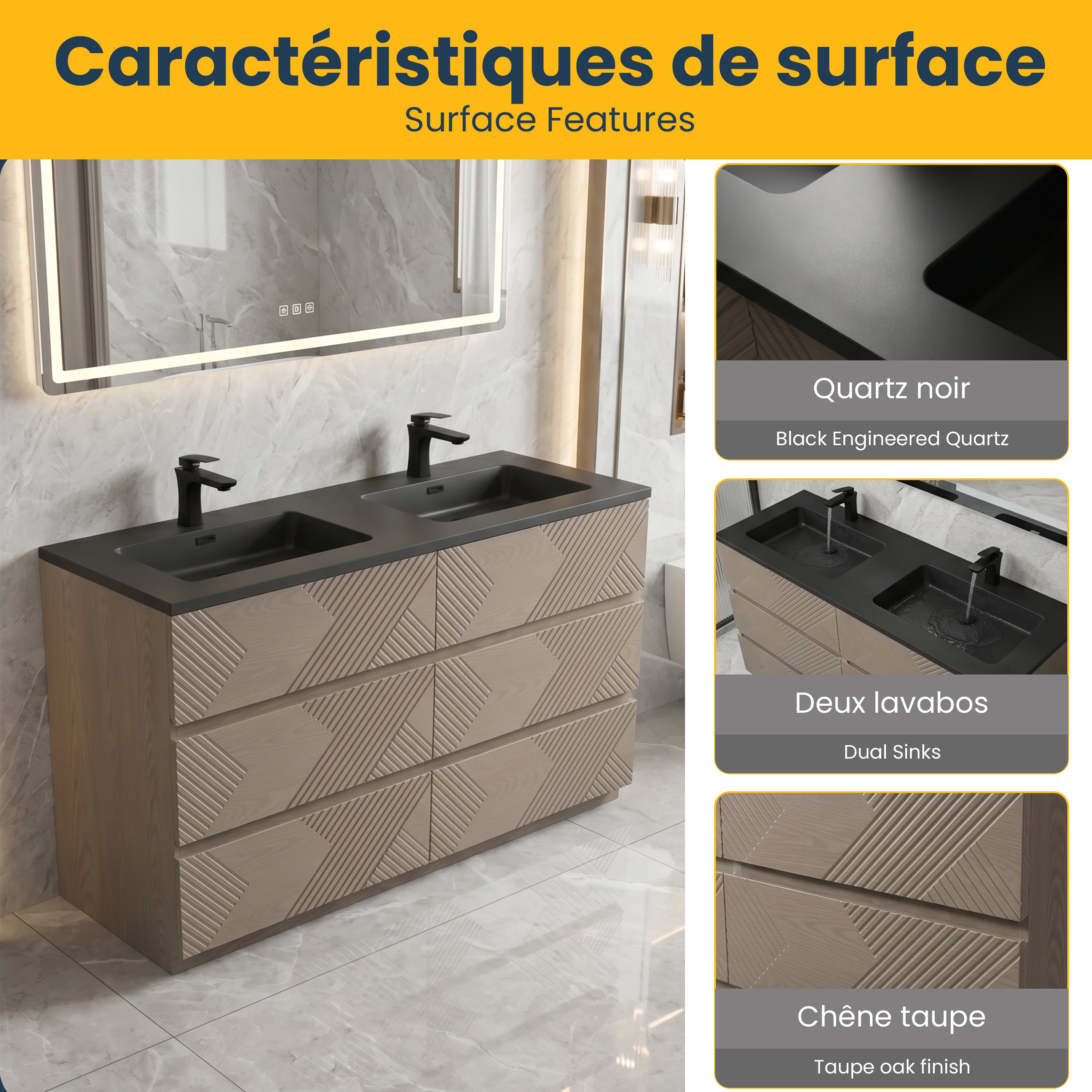 60" Taupe Oak Freestanding Double Sink Vanity with Black Engineered Quartz Countertop