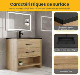 Meuble-lavabo autoportant en chêne brut 36" avec Comptoir en quartz noir reconstitué