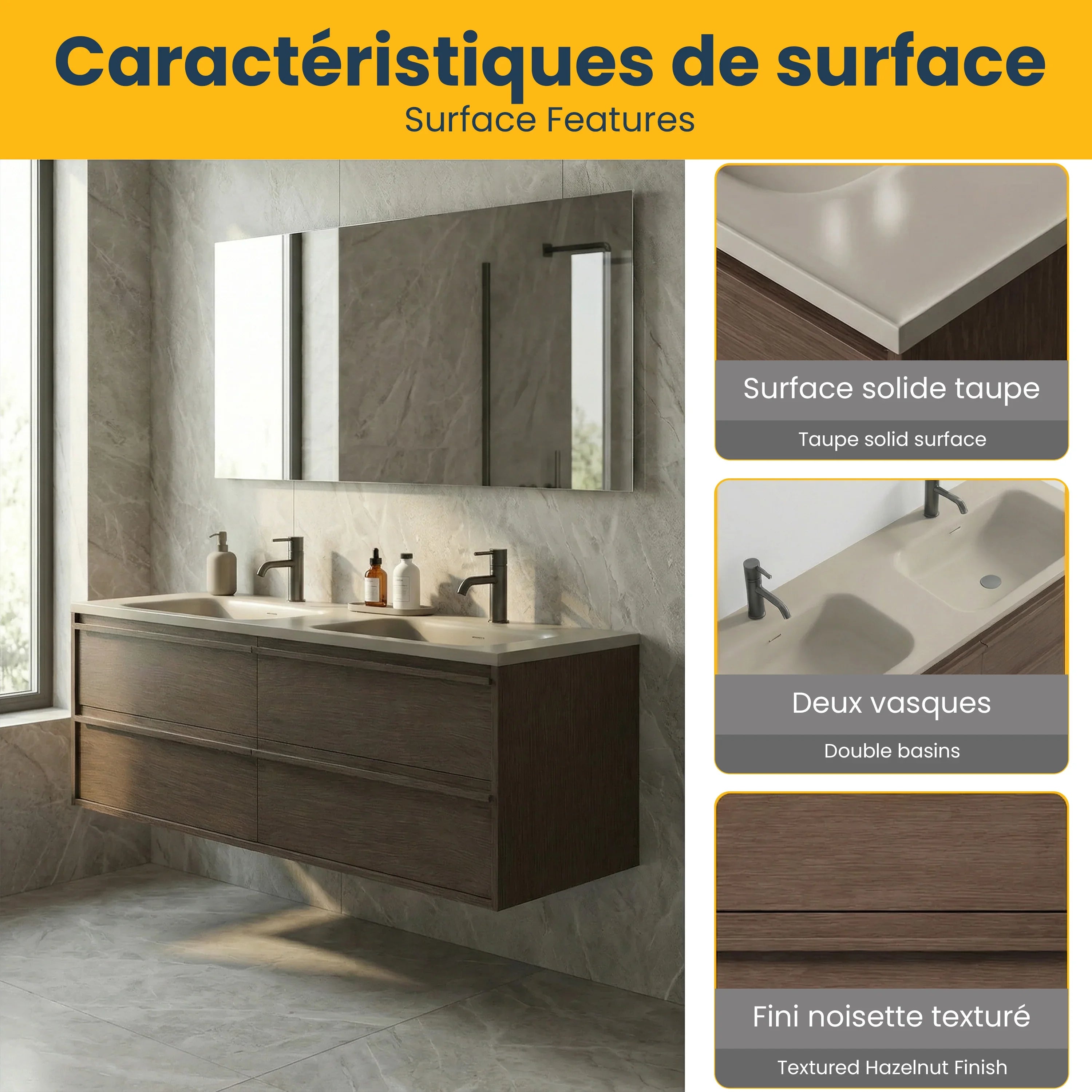 Meuble-lavabo Mural en Noisette 60 po avec Comptoir Intégré en Surface Solide Nano Taupe et Doubles Lavabos avec Pop-up