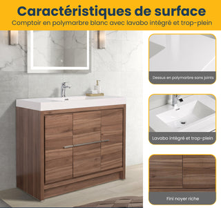 48" Walnut Freestanding Bathroom Vanity with White Polymarble Countertop