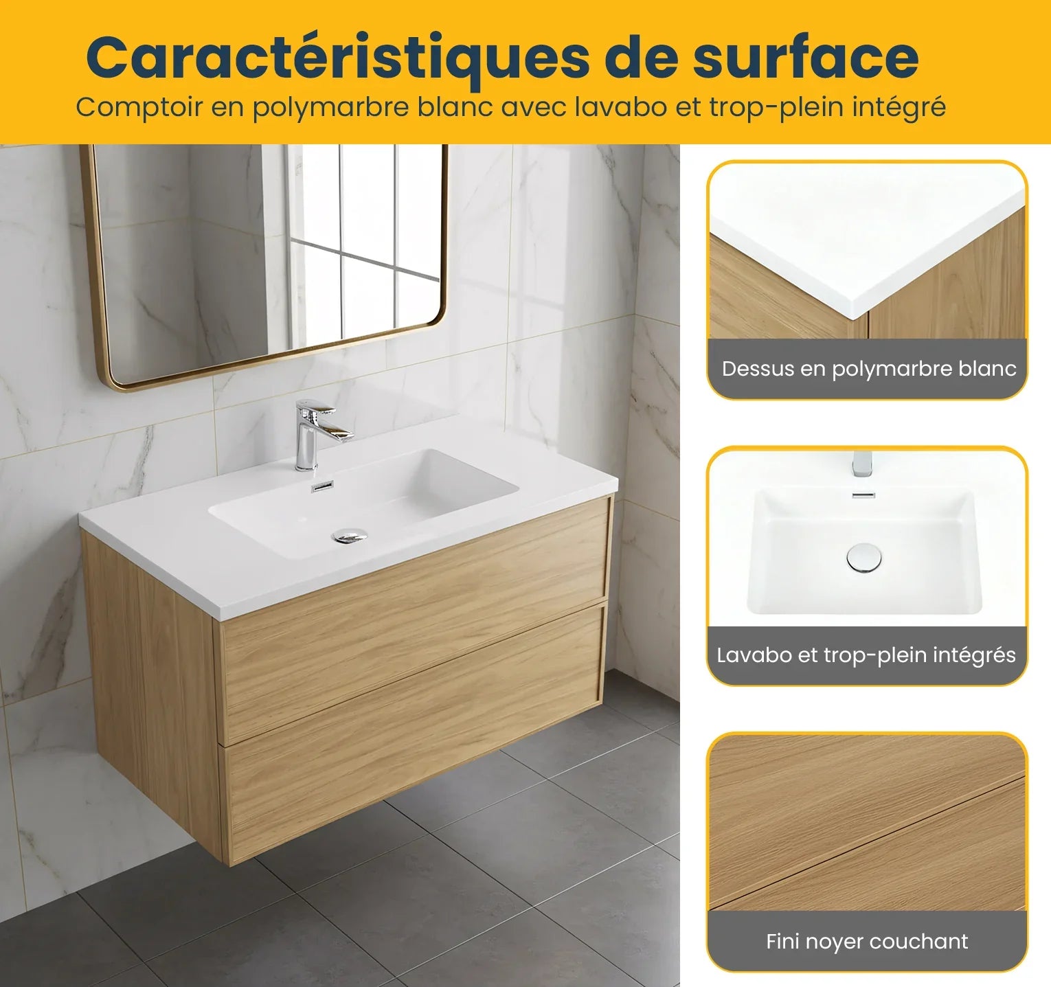 Meuble Lavabo Flottant 36po Noyer Couchant avec Comptoir Polymarbre Blanc - Collection Luxe