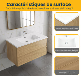 Meuble-Lavabo Mural 36po Noyer Couchant avec Comptoir de Polymarbre Blanc