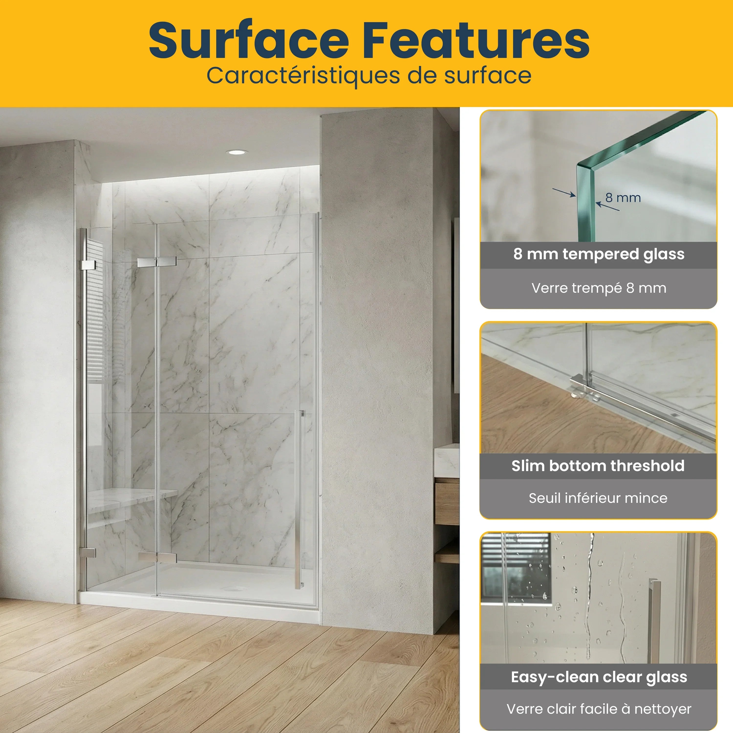 Porte de Douche Pivotante Réversible 60po x 79po en Chrome avec Verre Trempé Clair