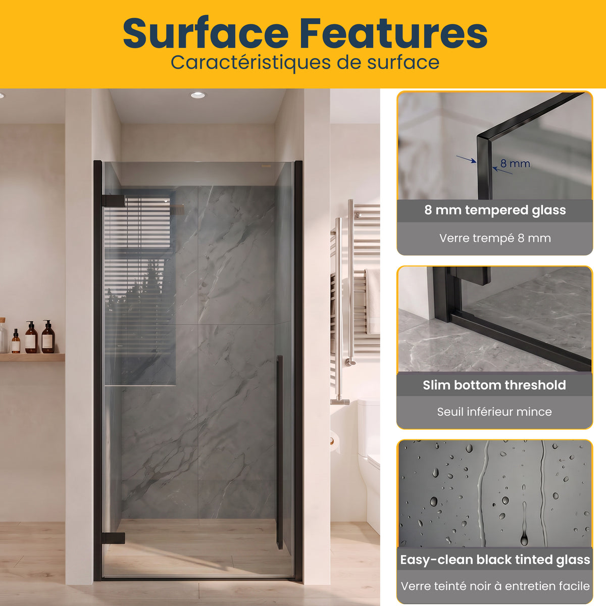 33.9"–34.3" W (Adjustable Width) x 79" H Frameless Reversible Pivot Shower Door in Matte Black with Black Tinted Glass