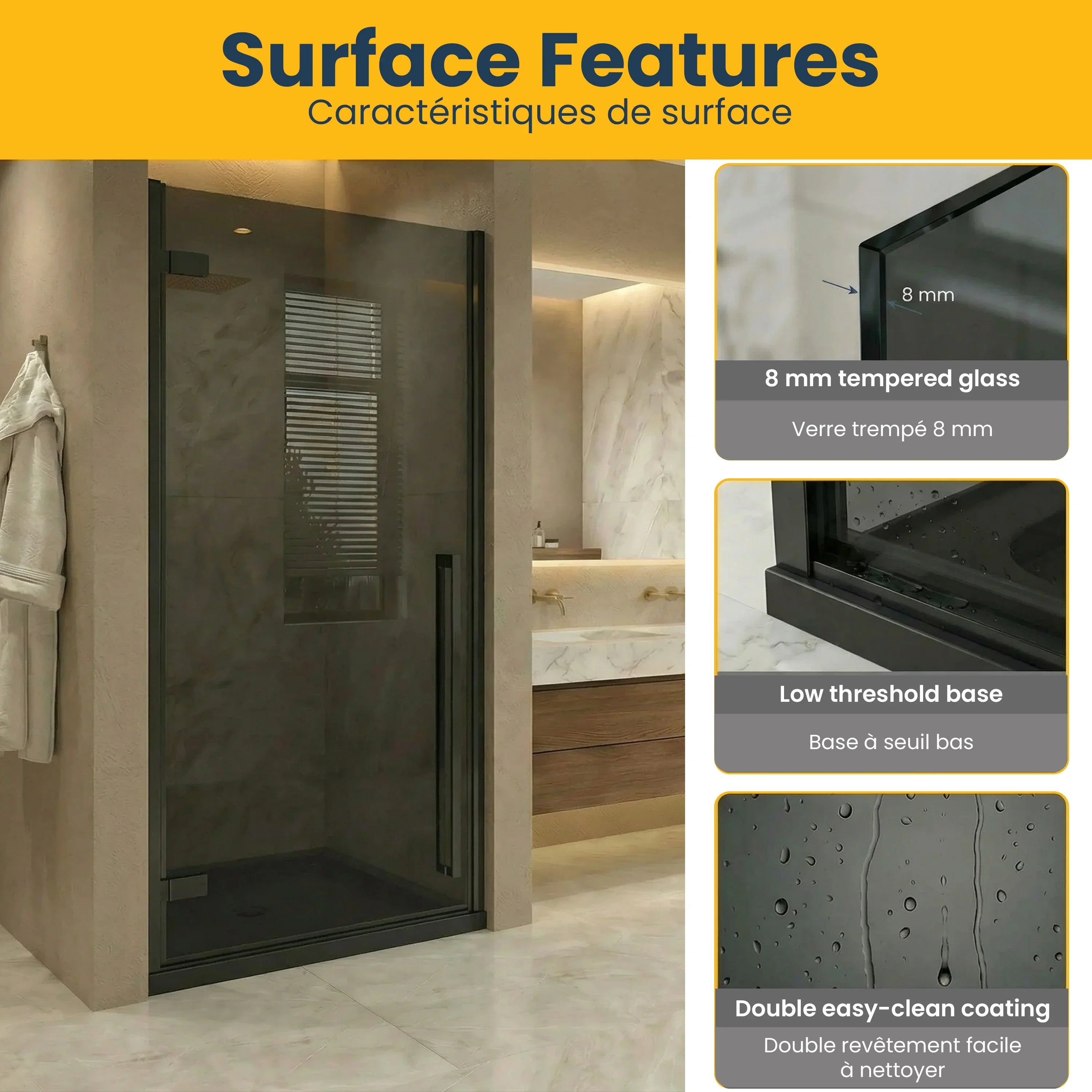 36" x 79" Matte Black Pivot Shower Door with Black Tinted Glass & 36" Black Acrylic Shower Base