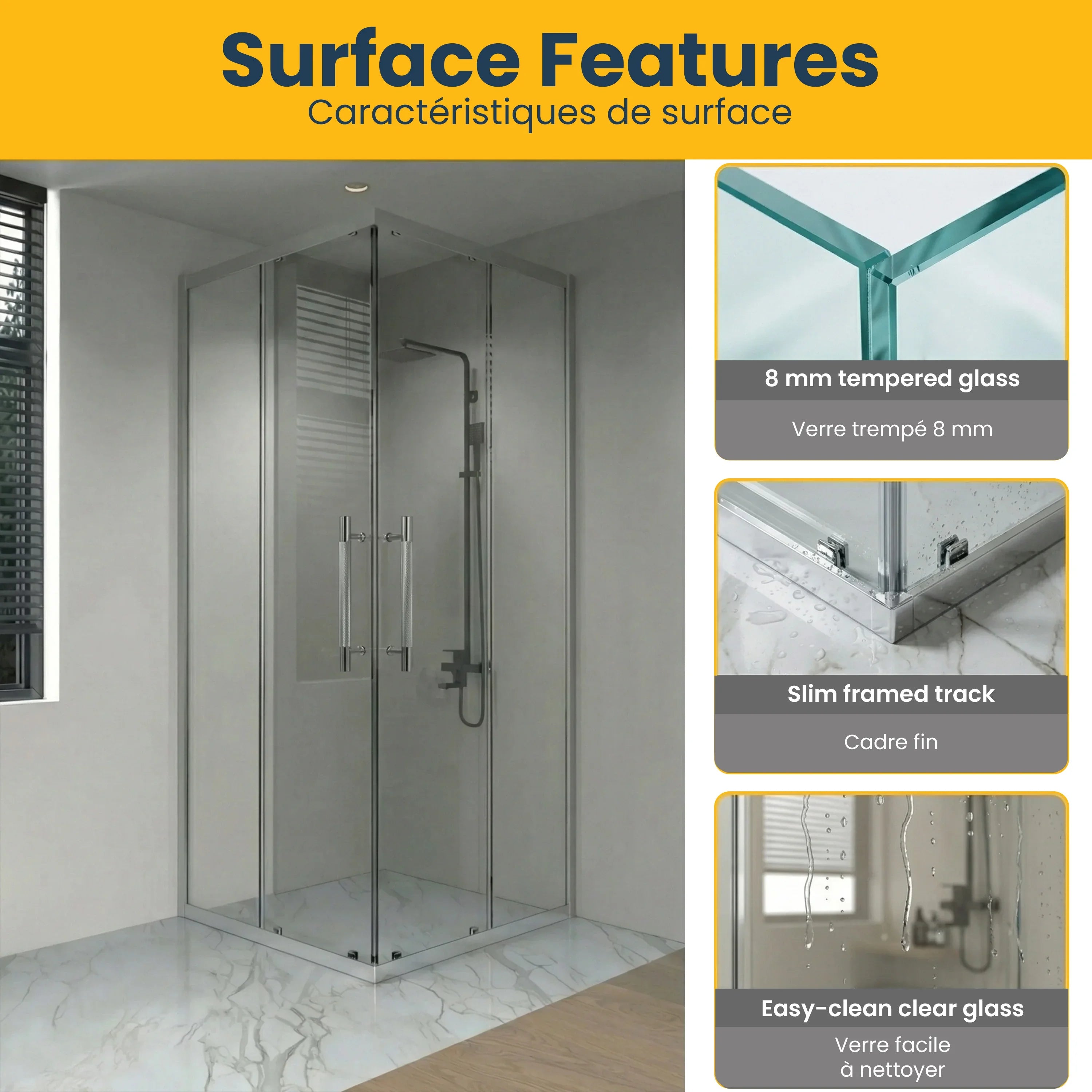 36" x 36" x 79" Chrome Reversible Corner Sliding Shower Door with Clear Tempered Glass
