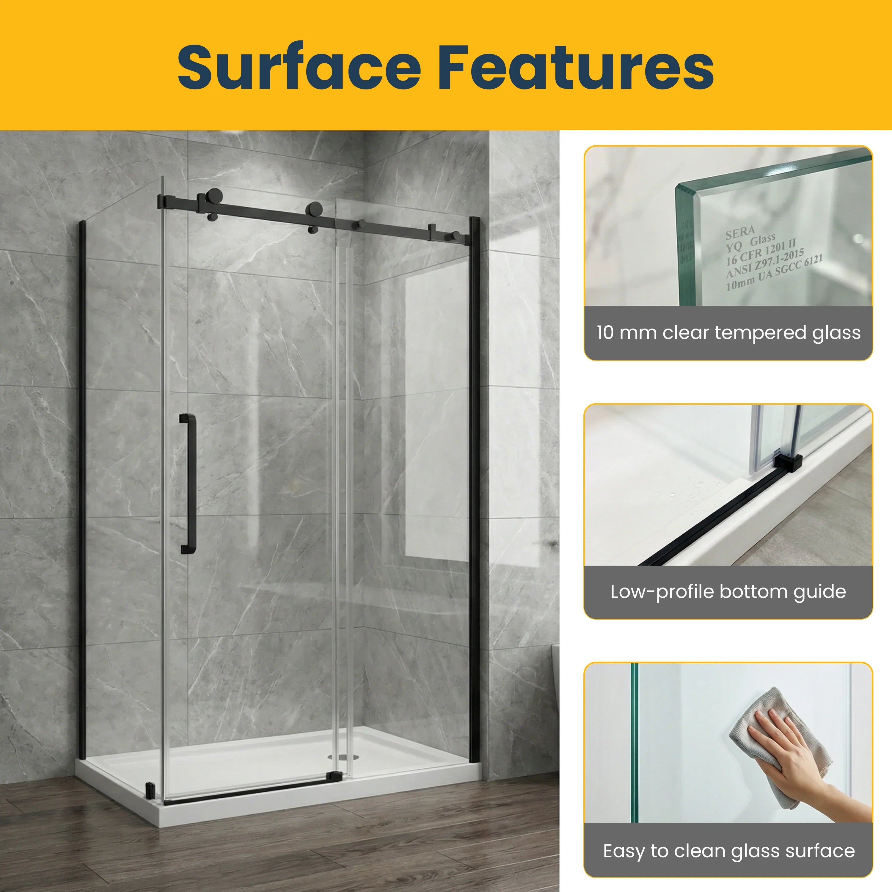 48" x 75" Reversible Sliding Shower Door with Black Square Hardware and 32" Side Panel
