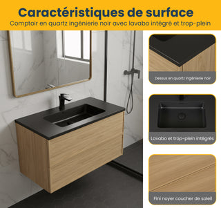 Meuble-Lavabo Mural 36po Noyer Couchant avec Comptoir de Quartz d'ingénierie Noir