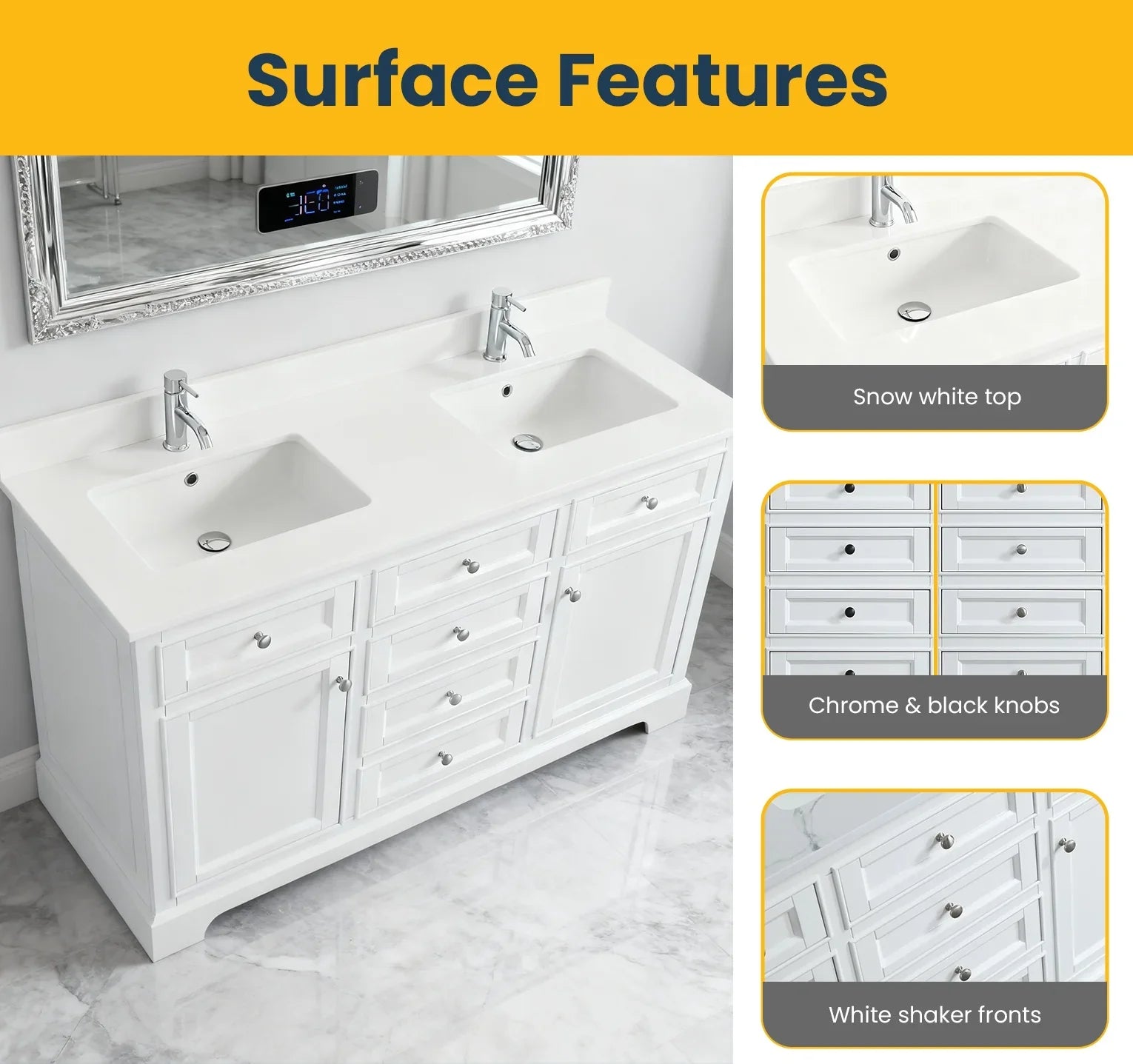 60" White Freestanding Double Sink Bathroom Vanity with Solid White Quartz Countertop