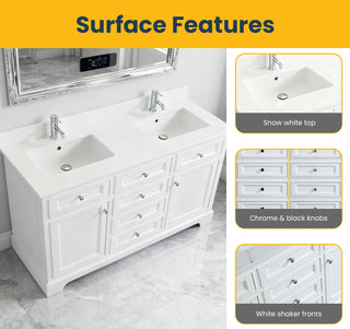 Meuble-Lavabo Autoportant 60po Blanc avec Comptoir de Quartz Blanc Solide