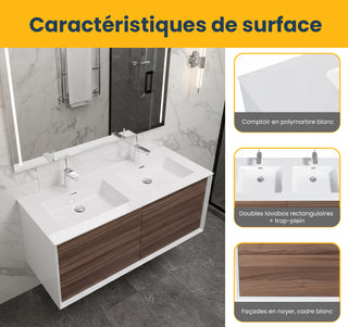 Meuble-Lavabo Mural 48po Noyer avec Comptoir de Polymarbre Blanc