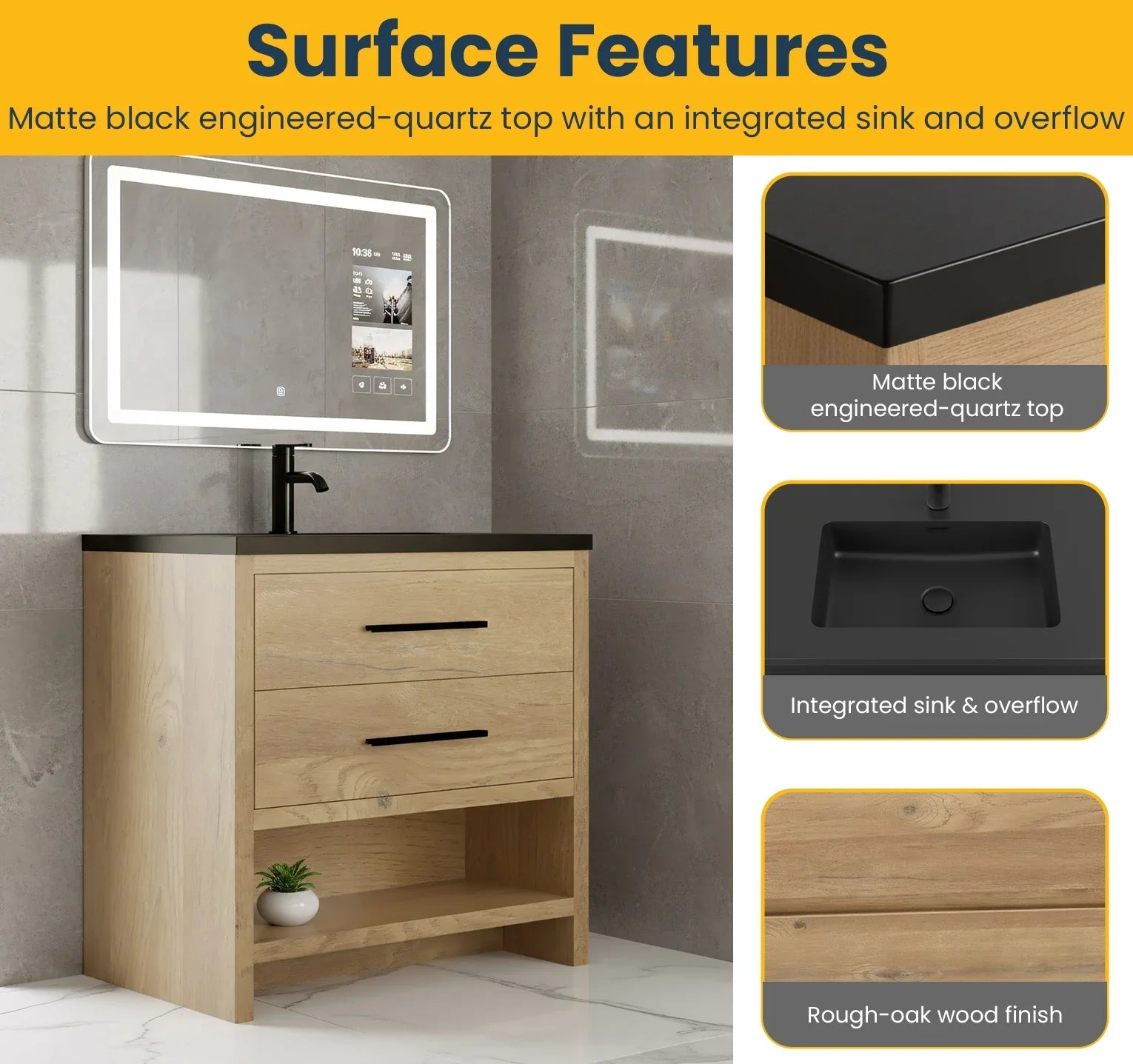 36" Rough Oak Freestanding Bathroom Vanity with Black Engineered Quartz Countertop