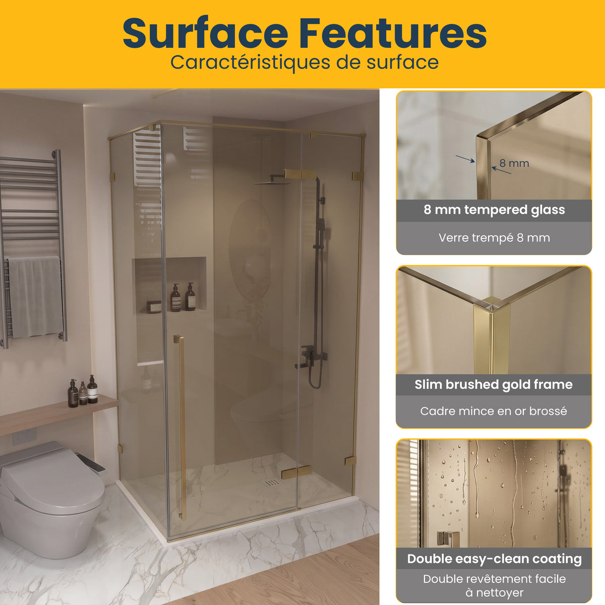 45.6"–46" W (Adjustable Width) x 79" H Frameless Reversible Pivot Shower Door in Brushed Gold with Brown Tinted Glass & 30.2"–30.5" Side Panel