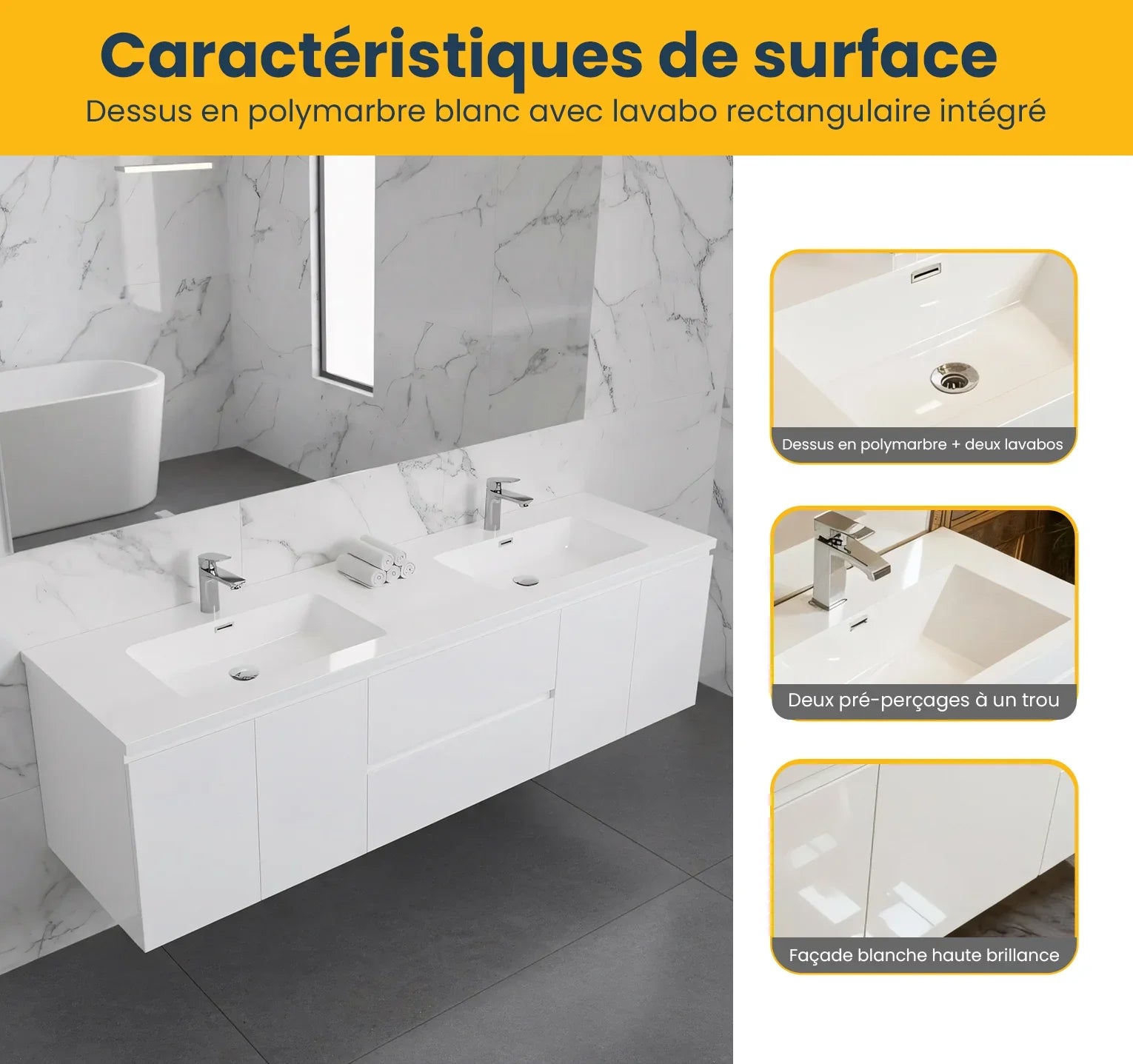 72" White Wall Mount Double Sink Bathroom Vanity with White Polymarble Countertop