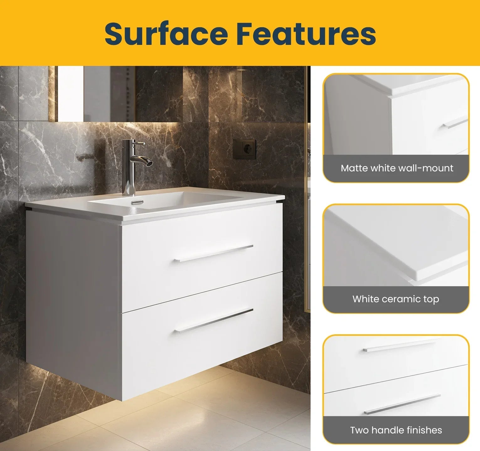 30" Matte White Wall Mount Bathroom Vanity with White Ceramic Countertop