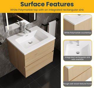 Meuble-Lavabo Mural 24po Chêne Brut avec Comptoir de Polymarbre Blanc