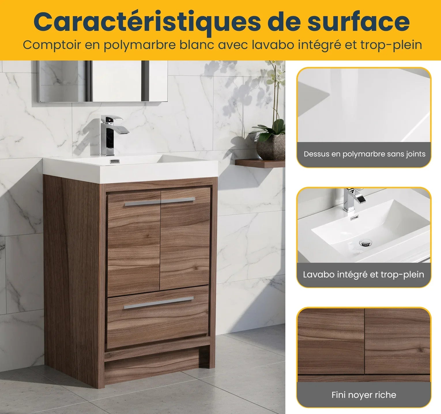 24" Walnut Freestanding Bathroom Vanity with White Polymarble Countertop