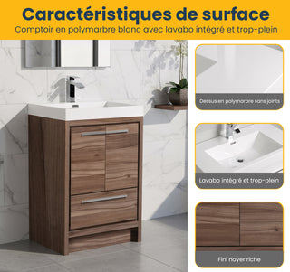24" Walnut Freestanding Bathroom Vanity with White Polymarble Countertop