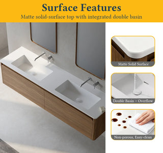Meuble-Lavabo Mural 72po Noyer avec Comptoir de Surface solide Blanc Mat
