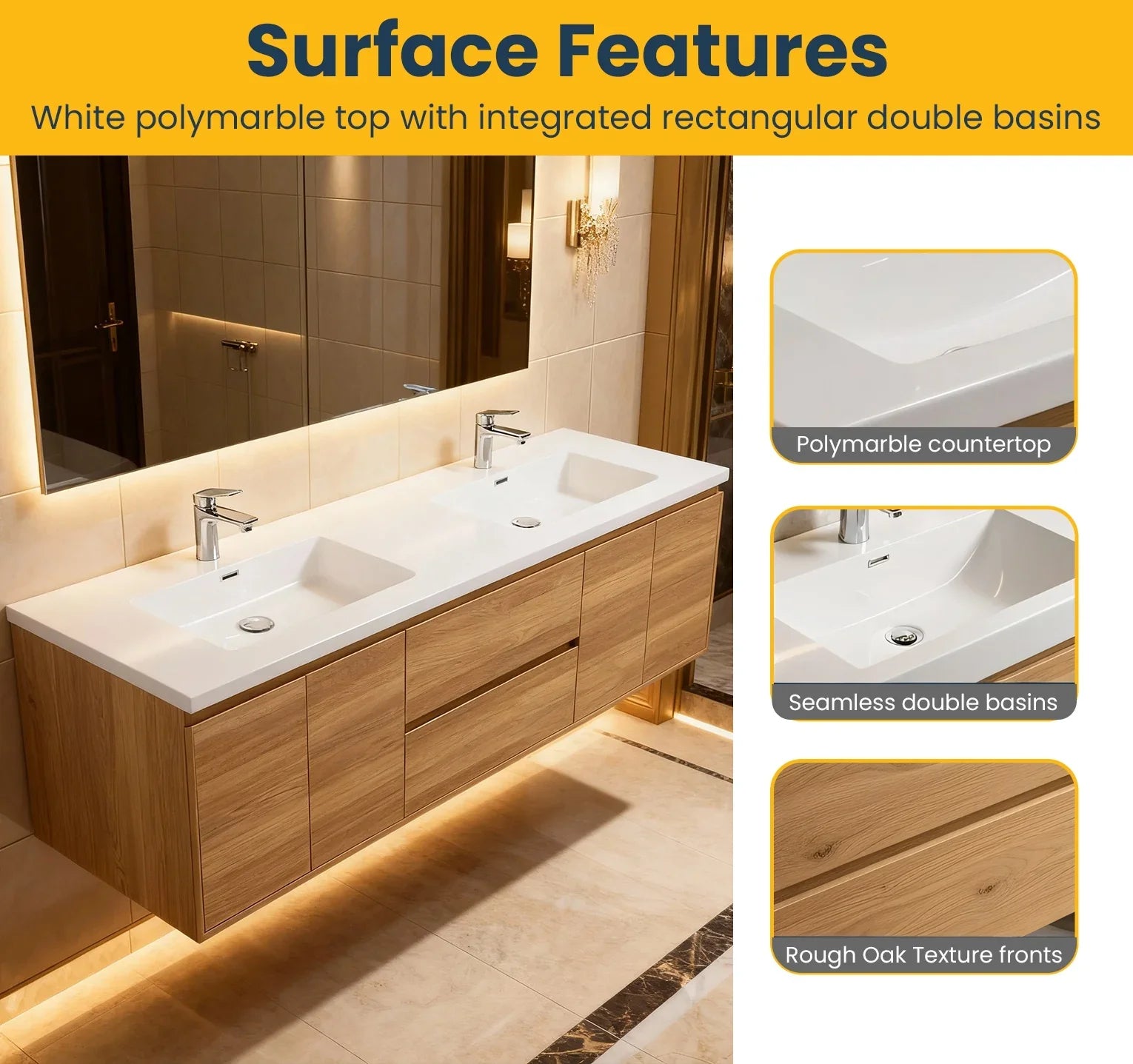 72" Rough Oak Wall Mount Double Sink Bathroom Vanity with White Polymarble Countertop