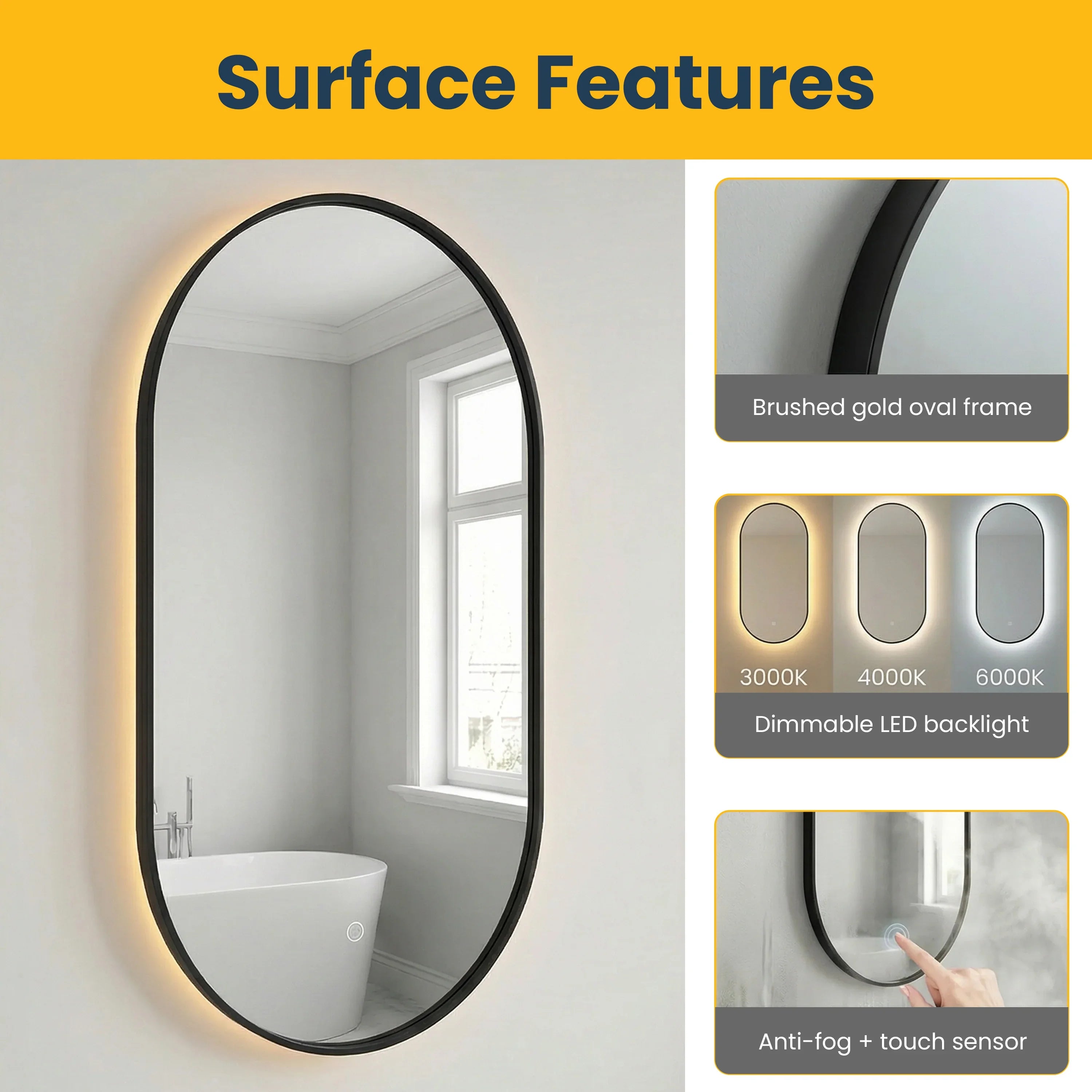24" x 40" LED Oval Bathroom Mirror with Black Frame and Defogger