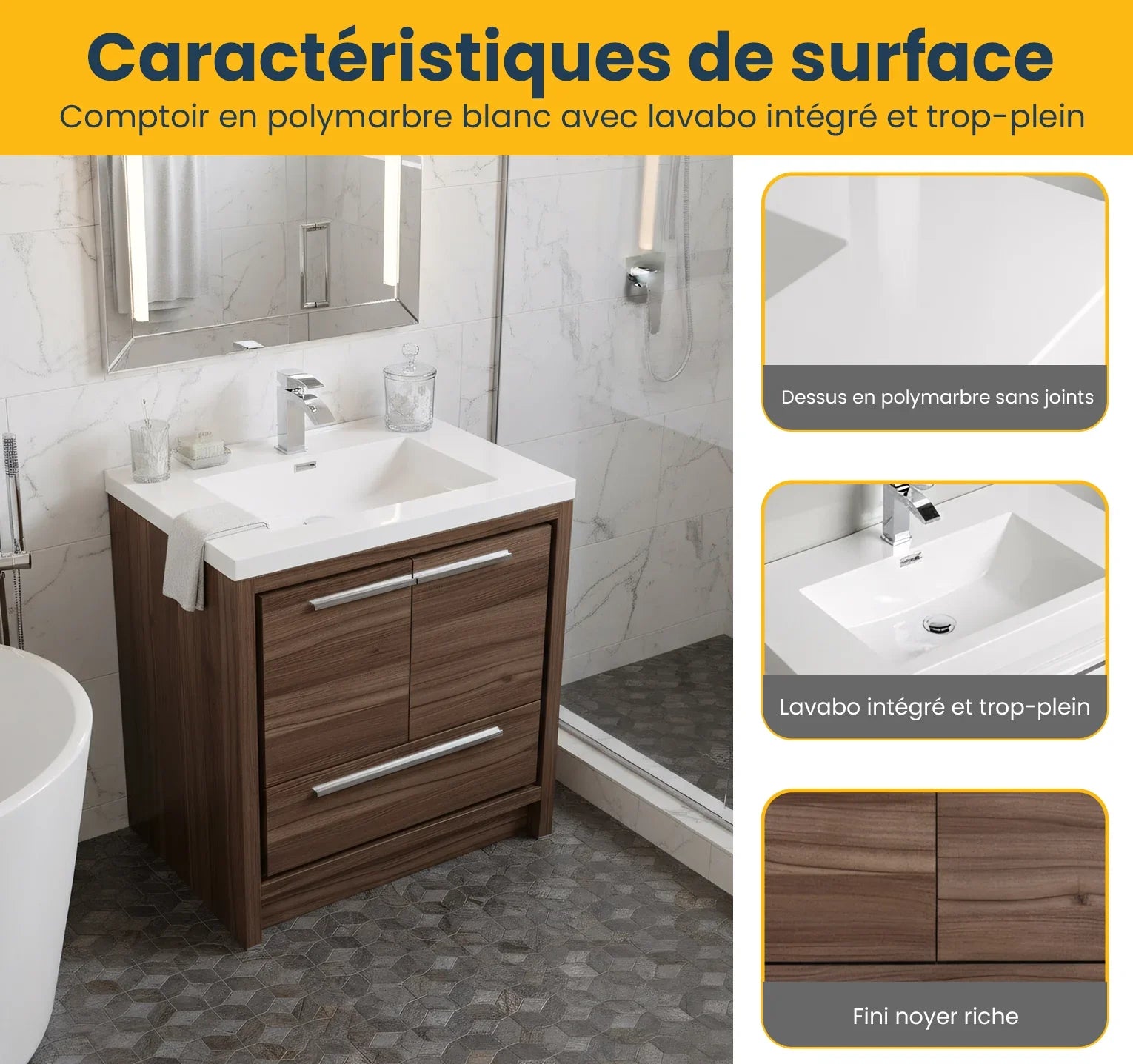 Meuble-Lavabo Autoportant 30po Noyer avec Comptoir de Polymarbre Blanc 