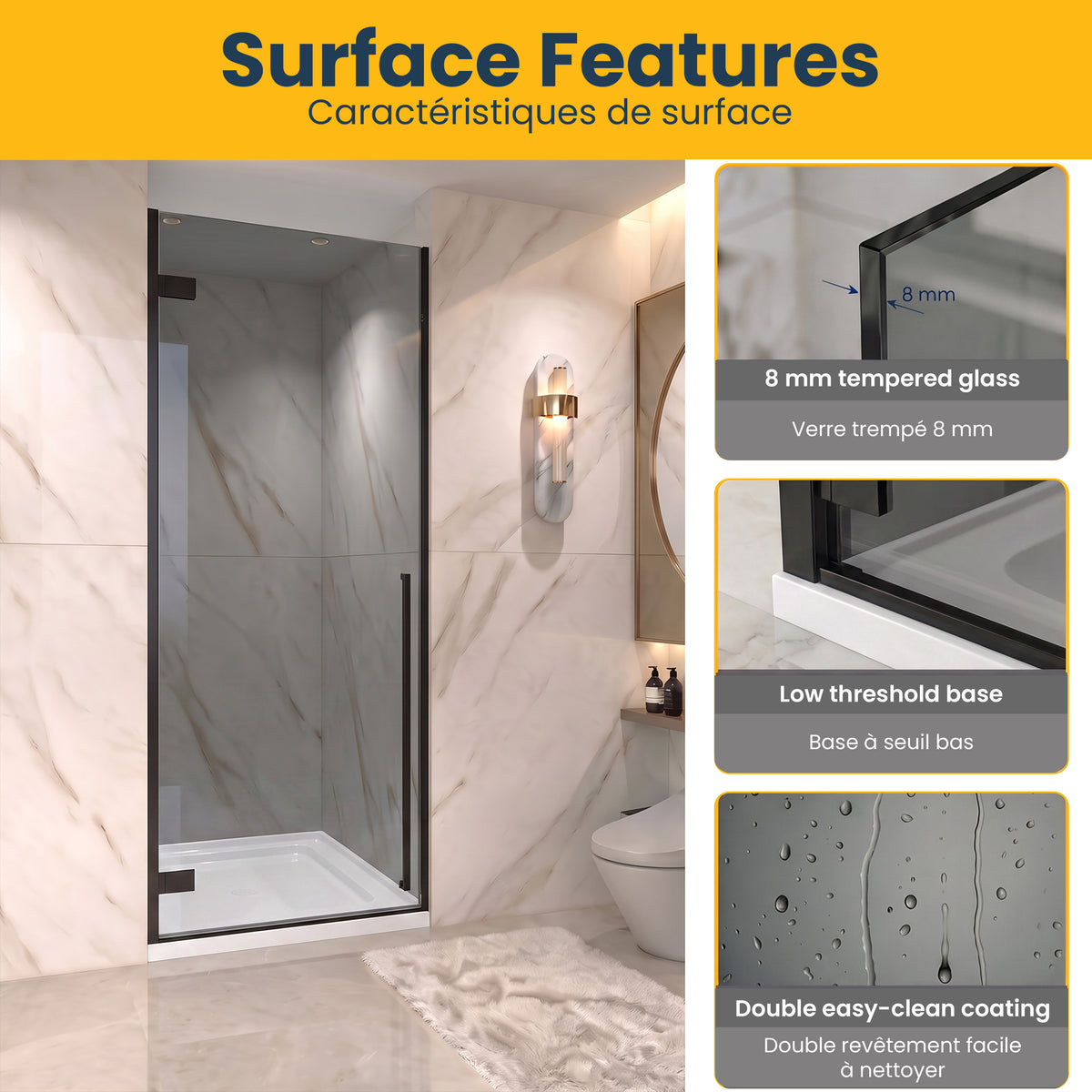 29.9"–30.3" W (Adjustable Width) x 79" H Frameless Reversible Pivot Shower Door in Matte Black with White Acrylic Base