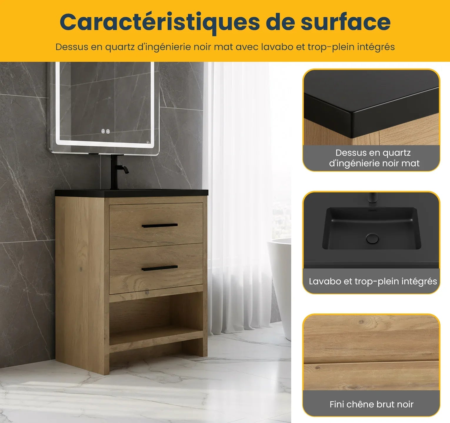 Meuble-lavabo Autoportant 24 po Chêne Brut avec Comptoir en Quartz Noir d’Ingénierie