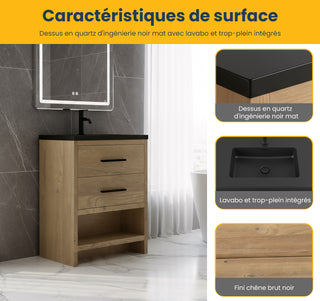 Meuble-lavabo Autoportant 24 po Chêne Brut avec Comptoir en Quartz Noir d’Ingénierie