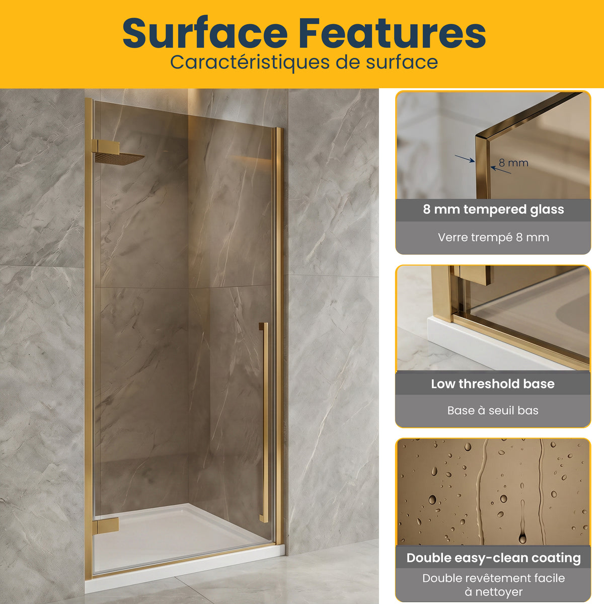 29,9po–30,3po L (largeur ajustable) x 79po H Porte de douche pivotante réversible sans cadre en or brossé avec verre teinté brun et base blanche 32po
