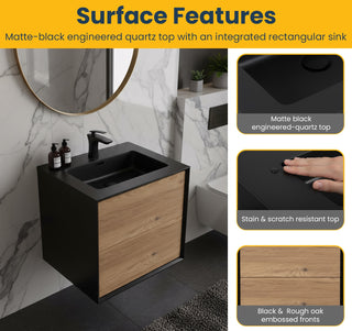 Meuble-Lavabo Mural 24po Noir et Chêne Brut avec Comptoir de Quartz d'ingénierie Noir 