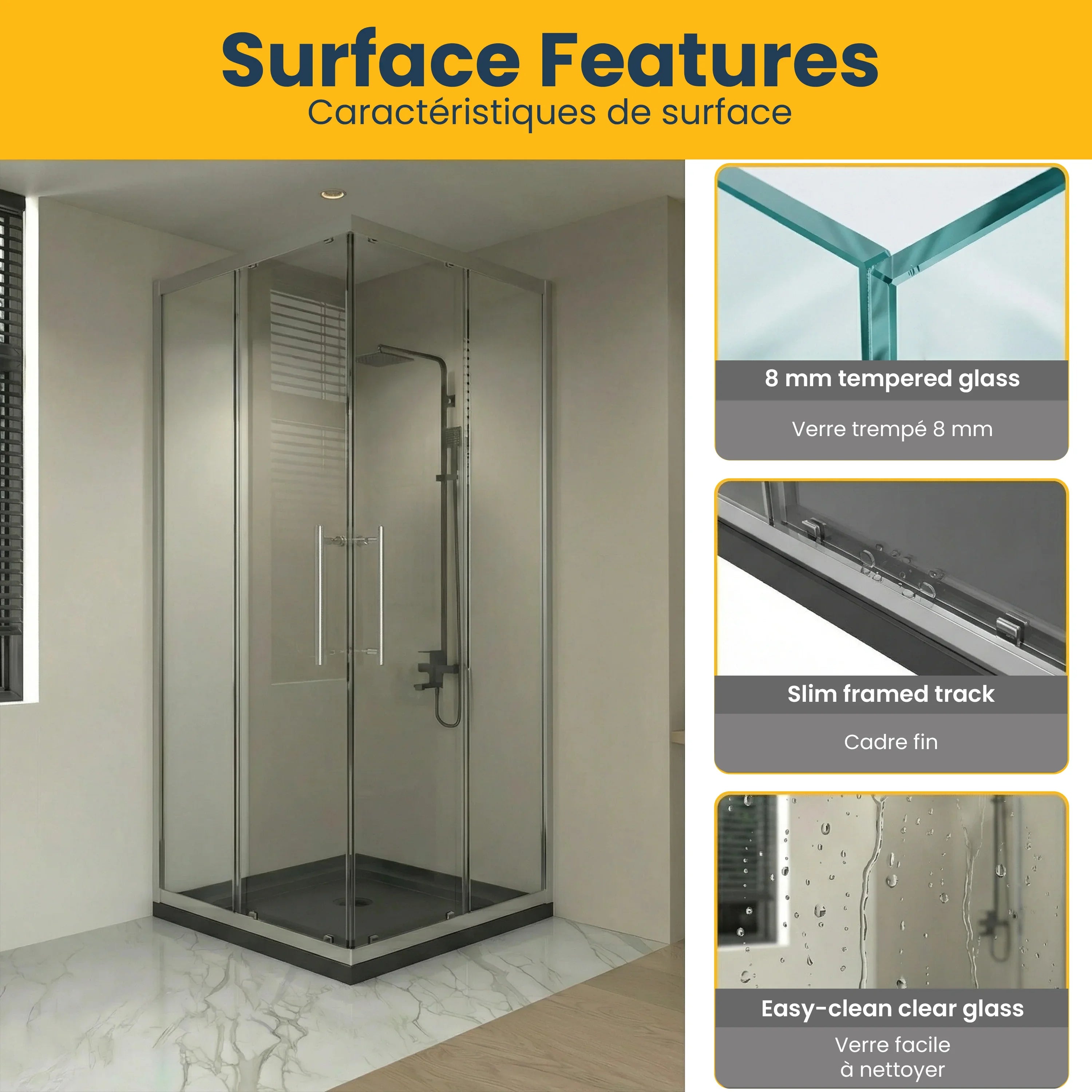 Porte de Douche Coin Coulissante Chrome 36po x 36po avec Base Acrylique Noire Brillante