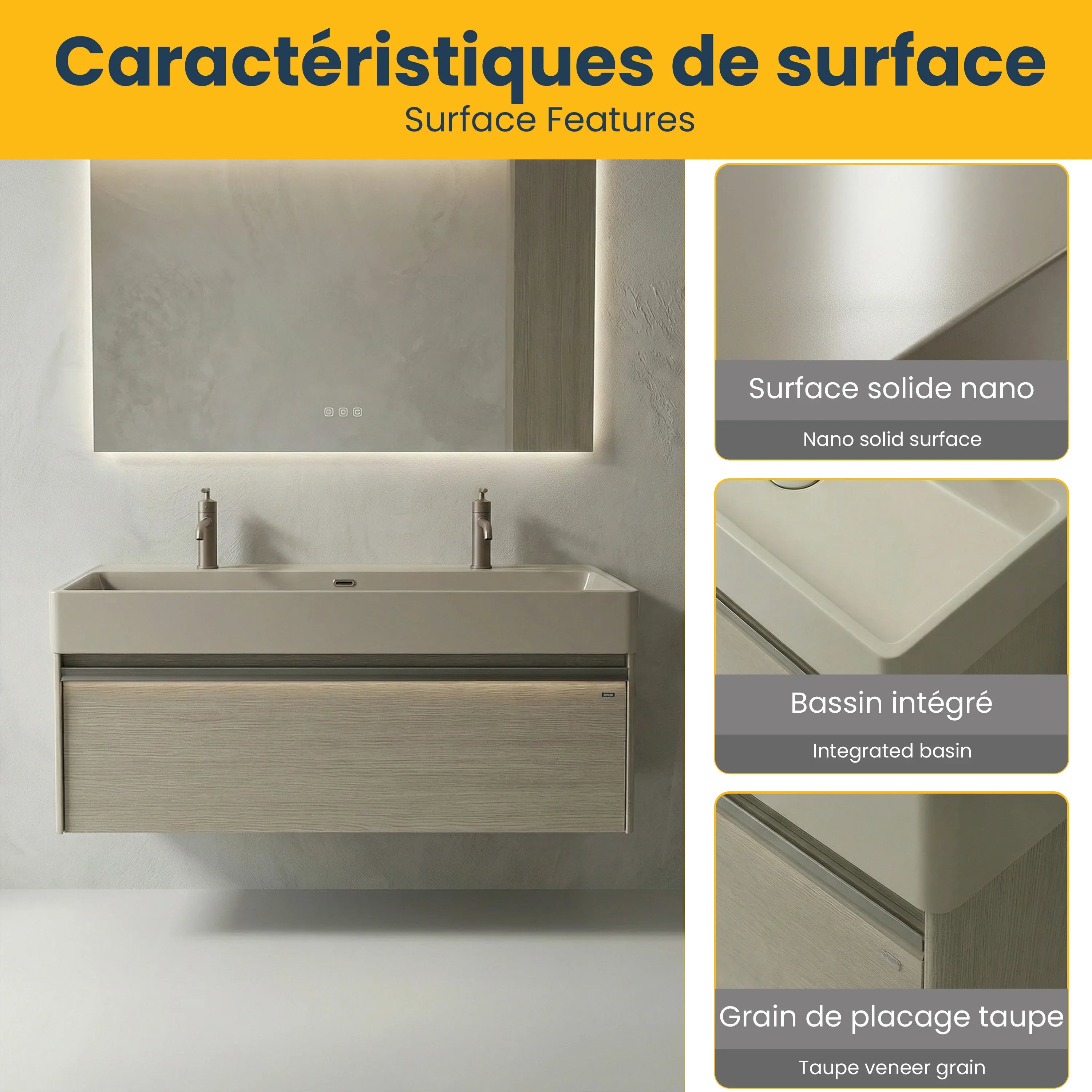 48" Taupe Wall Mount Vanity with Light Taupe Nano Solid Surface Integrated Countertop with Pop-up