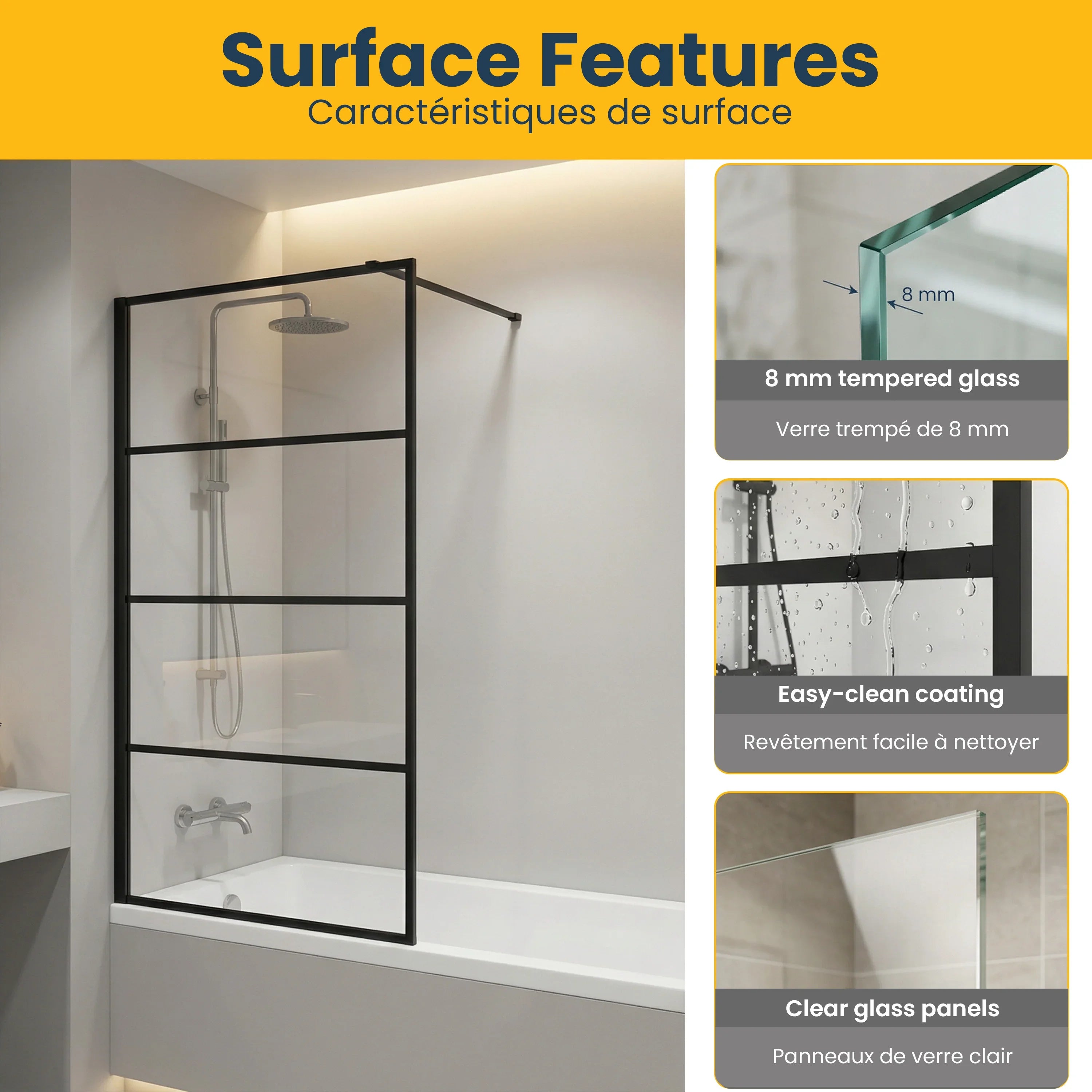 32" x 66" Fixed Reversible Matte Black Bathtub Panel with Clear Tempered Glass