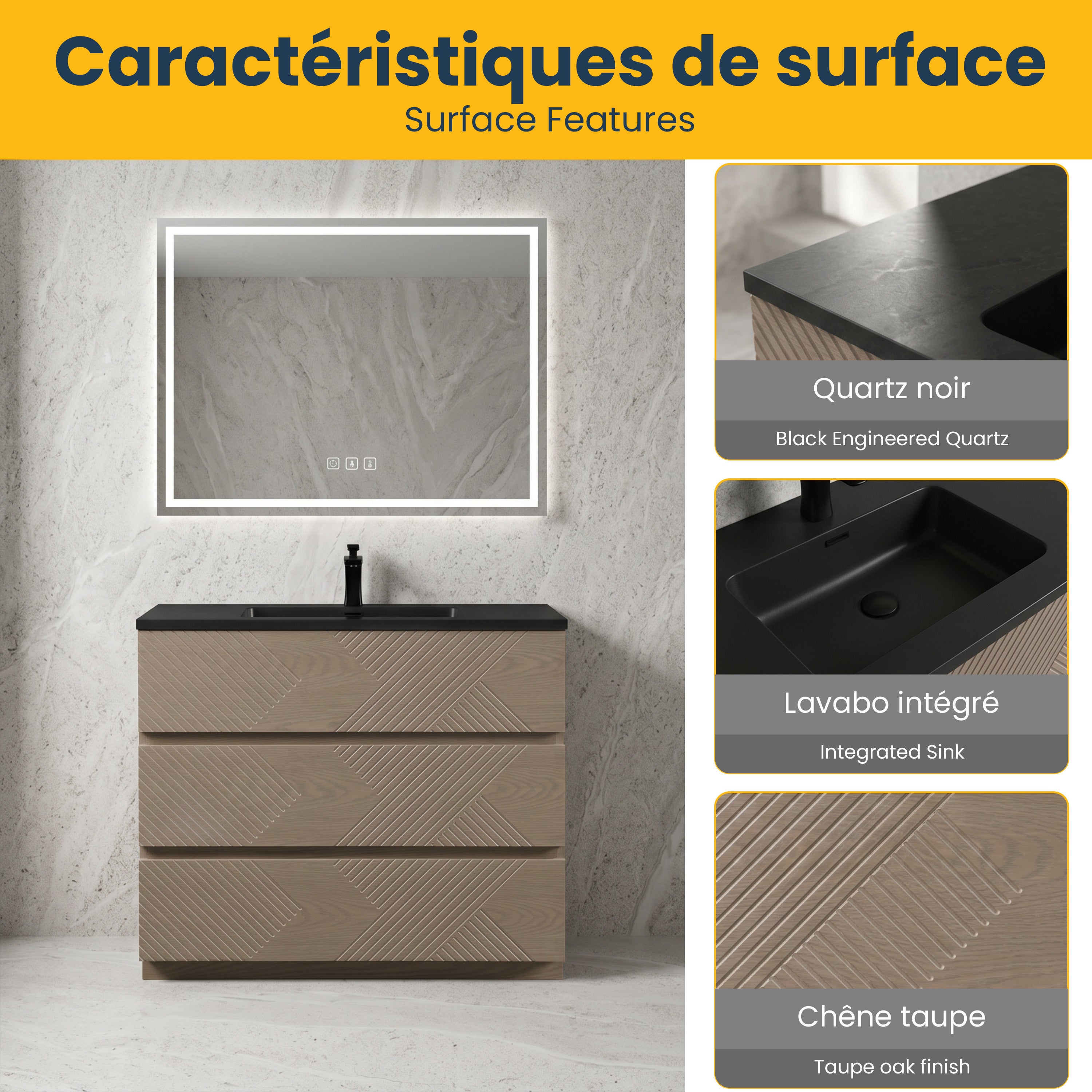 40" Taupe Oak Freestanding Vanity with Black Engineered Quartz Countertop
