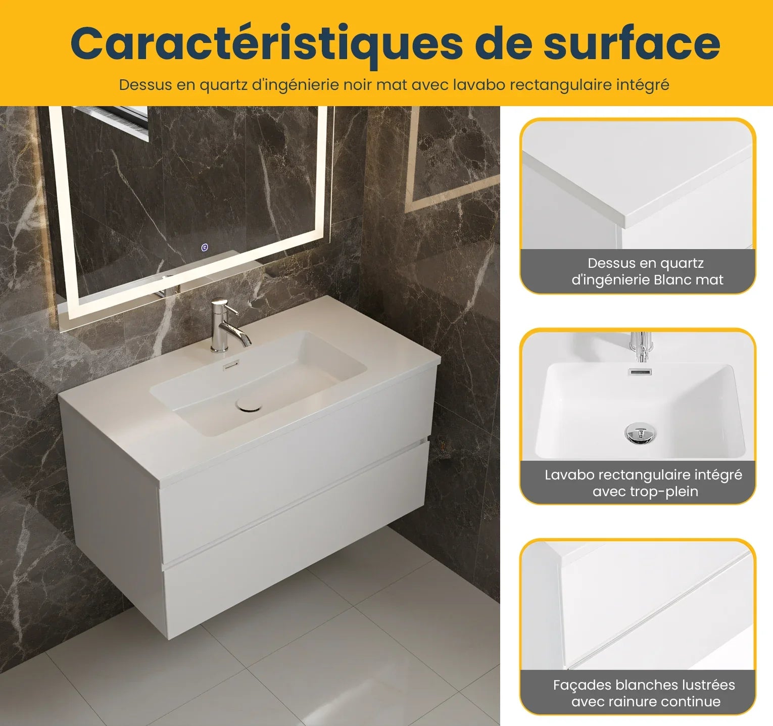 36" White Wall Mount Single Sink Bathroom Vanity with White Polymarble Countertop