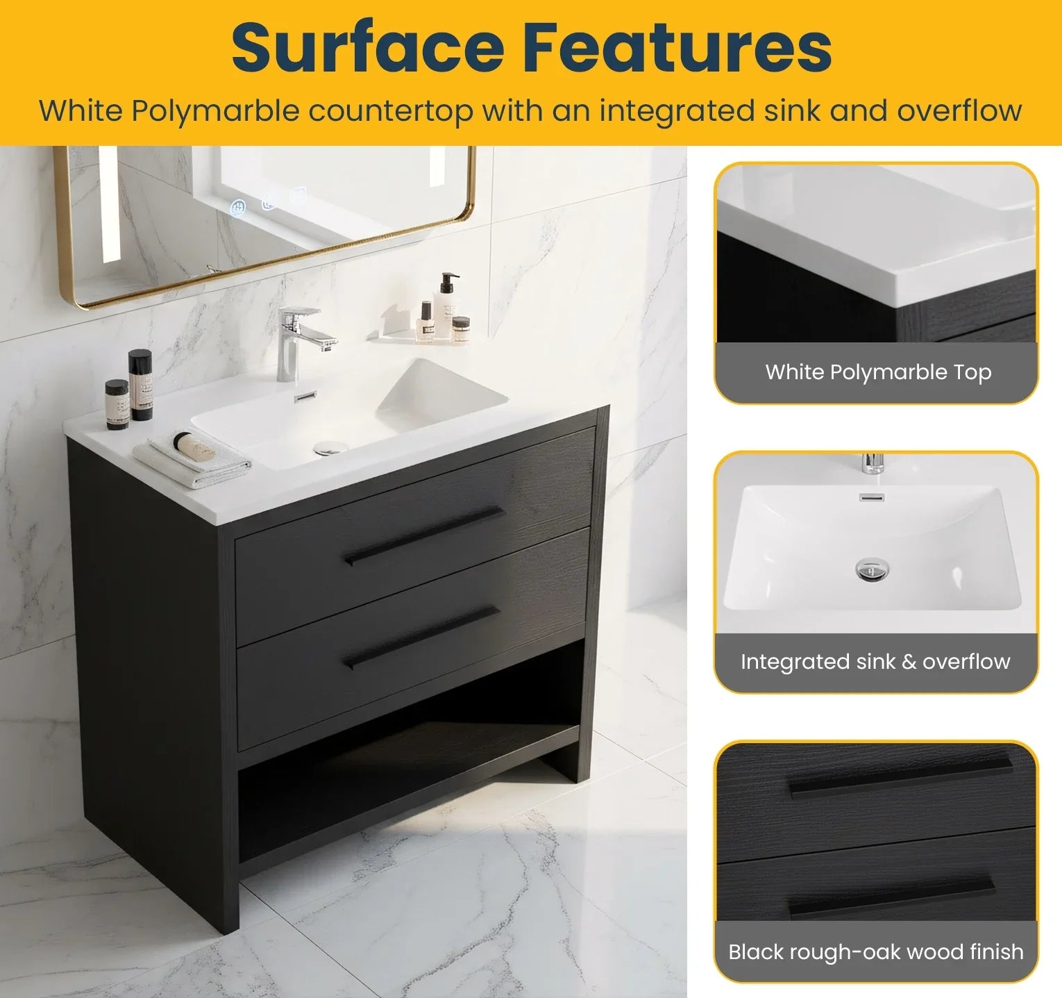 36" Black Rough Oak Freestanding Bathroom Vanity with White Polymarble Countertop