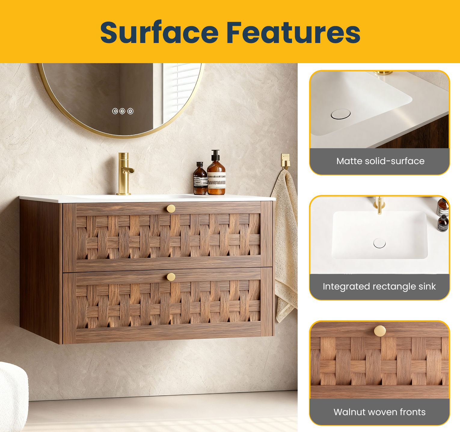 36" Walnut Wall-Mount Single Sink Bathroom Vanity with Matte White Solid Surface Countertop