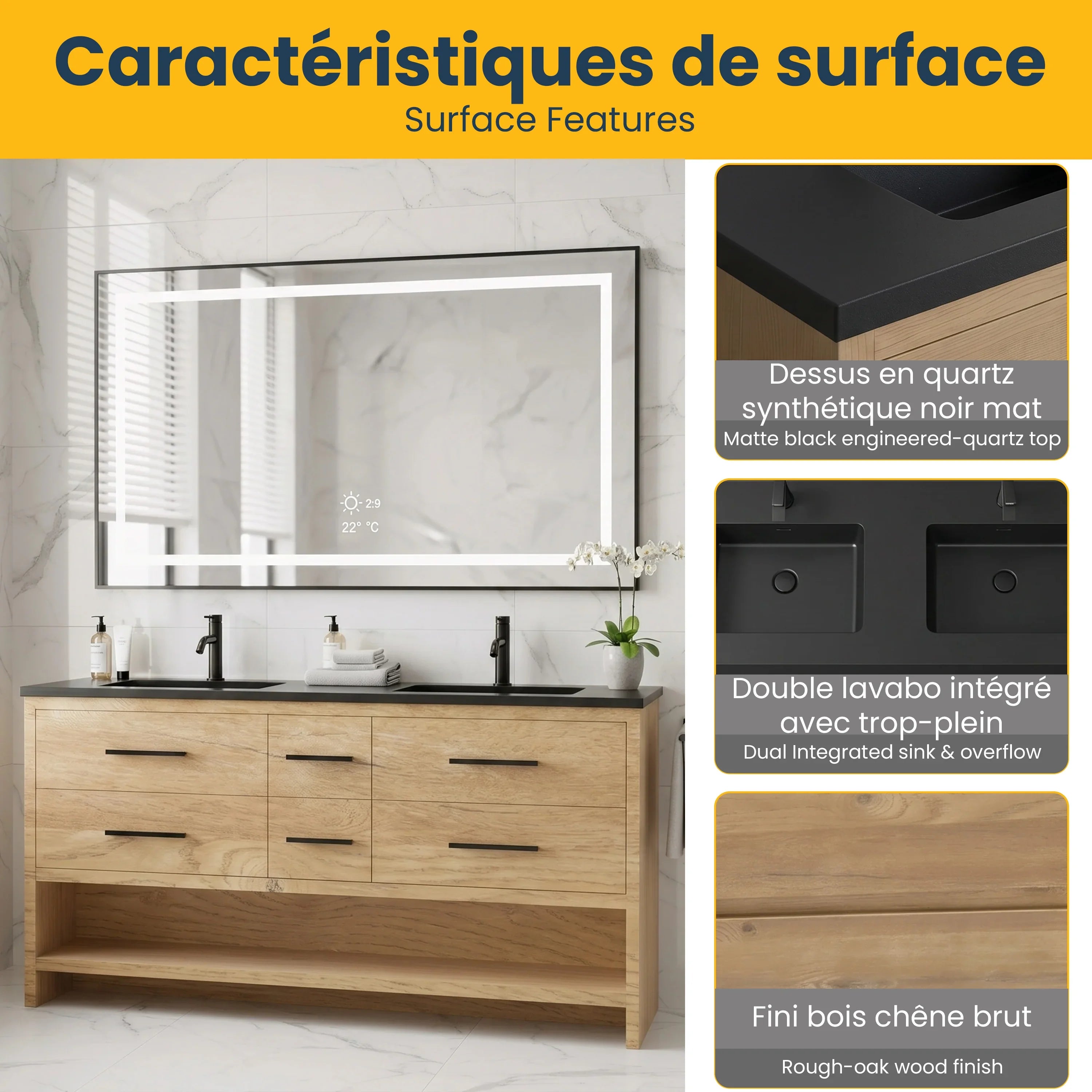 Meuble-Lavabo Autoportant 72po Chêne Brut avec Comptoir de Quartz d'ingénierie Noir