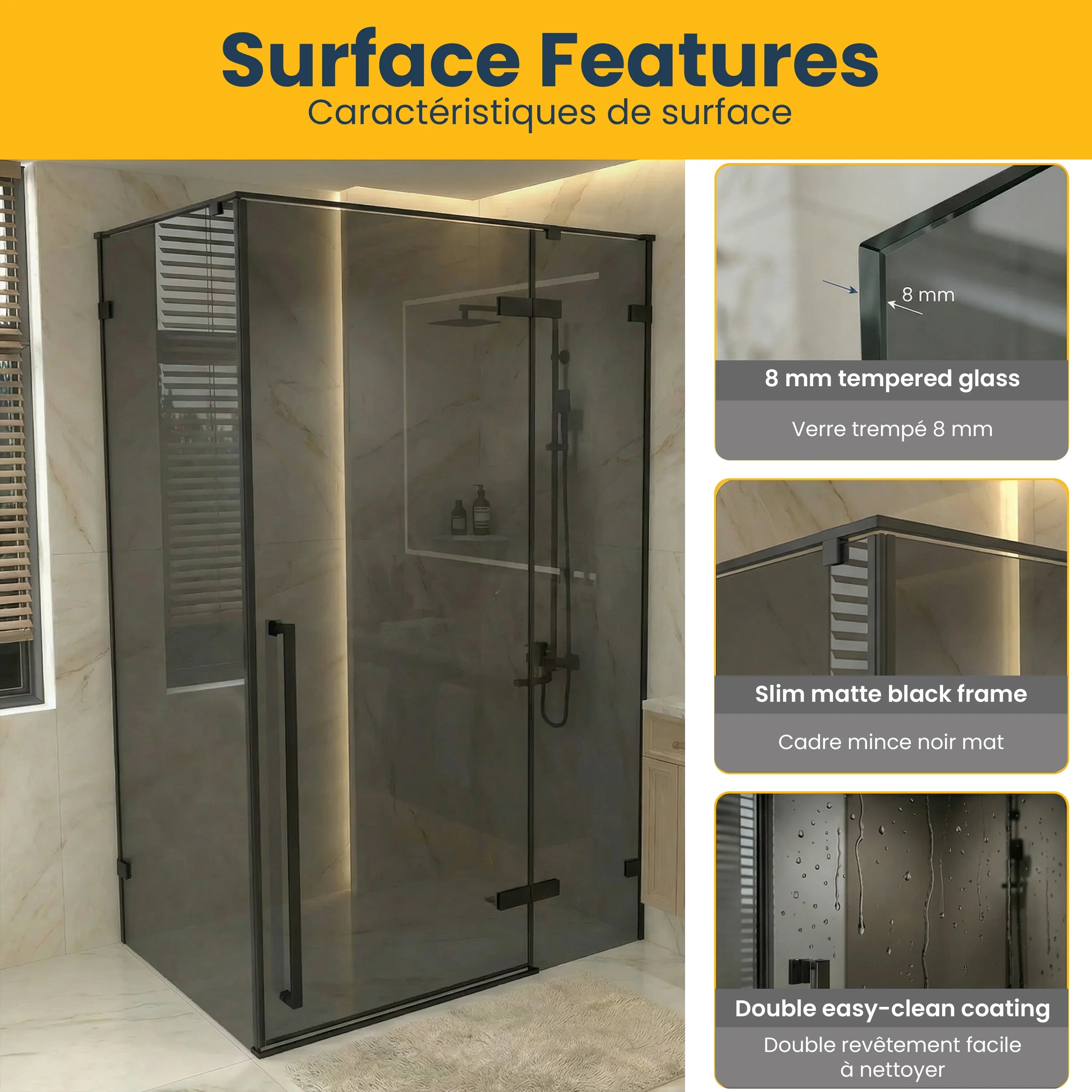 Porte de douche pivotante réversible 48po x 79po noir mat avec panneau latéral 32po – Verre teinté noir